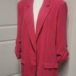 Tahari Pink Long Blazer with Ruched Sleeves and Relaxed Fit